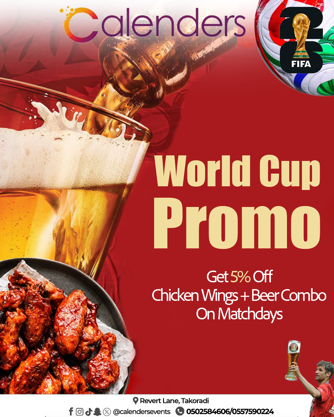 CalendersGH World Cup promo flyer - 5% off meals on matchdays and chicken wings plus beer combo